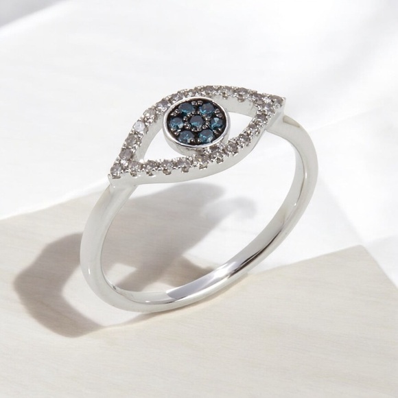 Genuine Diamond Evil Eye Stacking Ring in Blue, Silver Minimalist Size 5 - Picture 3 of 4